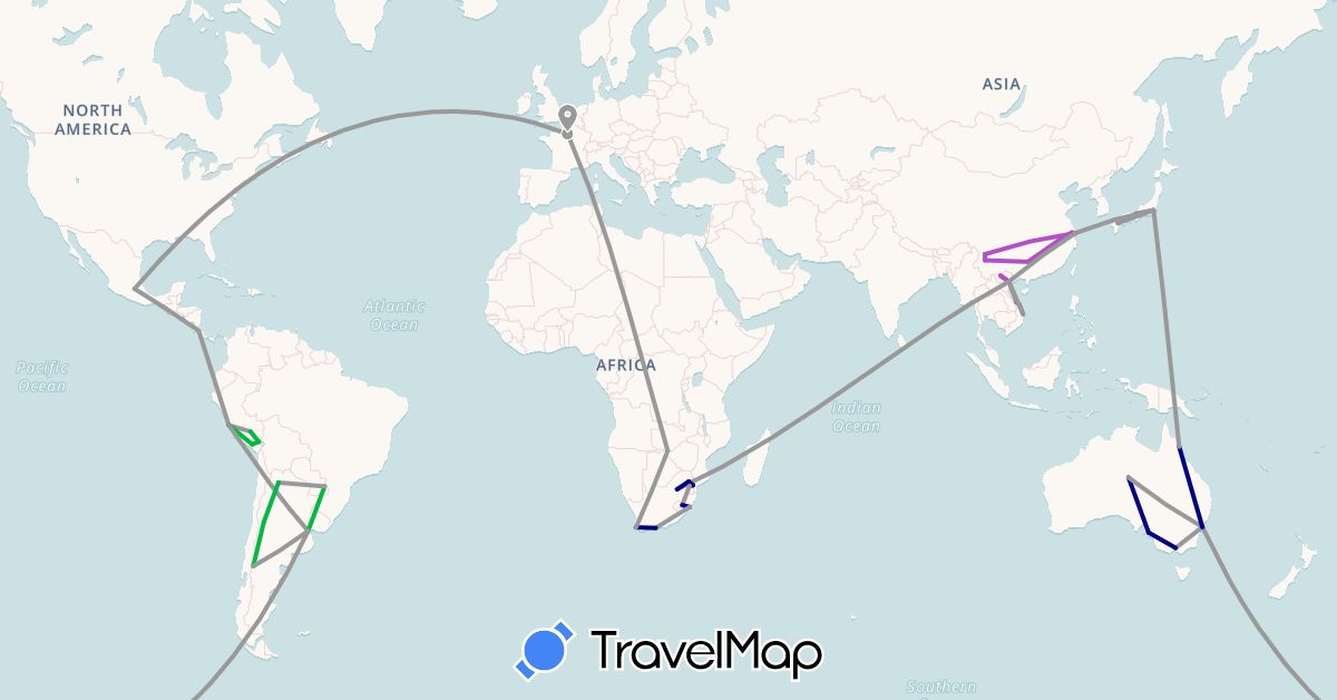 TravelMap itinerary: driving, bus, plane, train in Argentina, Australia, China, Costa Rica, France, Japan, Mexico, Peru, Vietnam, South Africa, Zambia (Africa, Asia, Europe, North America, Oceania, South America)